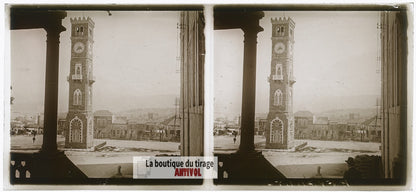 Beyrouth, horloge du Grand Sérail, plaque verre photo ancienne stéréo 6x13 cm