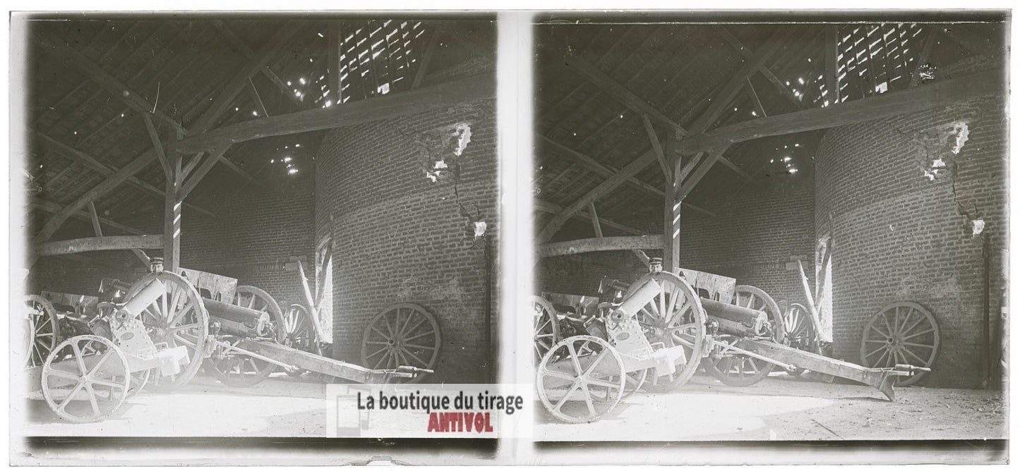 Matériel d’artillerie, canons WW1, plaque verre photo ancienne stéréo 6x13 cm