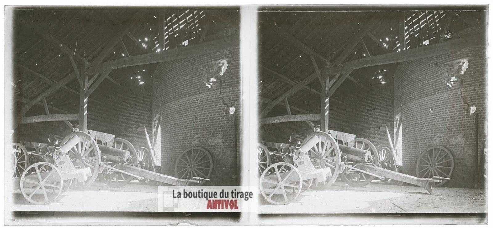 Matériel d’artillerie, canons WW1, plaque verre photo ancienne stéréo 6x13 cm