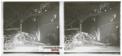 Matériel d’artillerie, canons WW1, plaque verre photo ancienne stéréo 6x13 cm