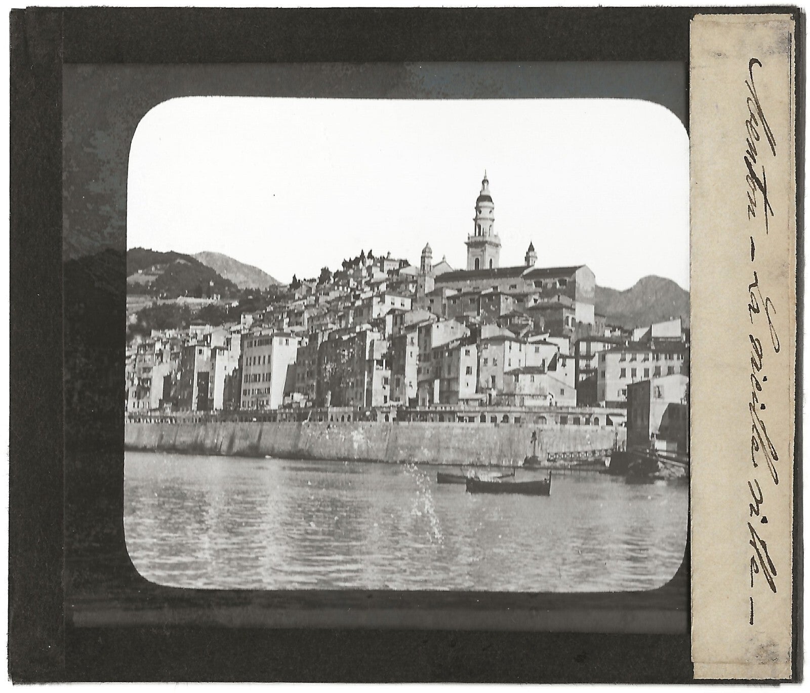 Menton, la vieille ville, mer, bateaux, photo plaque de verre, positif 8,5x10 cm