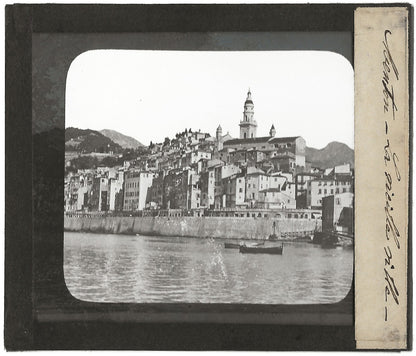 Menton, la vieille ville, mer, bateaux, photo plaque de verre, positif 8,5x10 cm