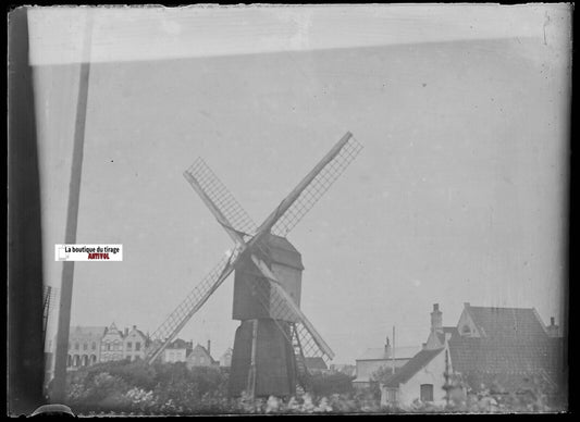 Moulin à vent, Plaque verre photo ancienne, négatif noir & blanc 6x9 cm