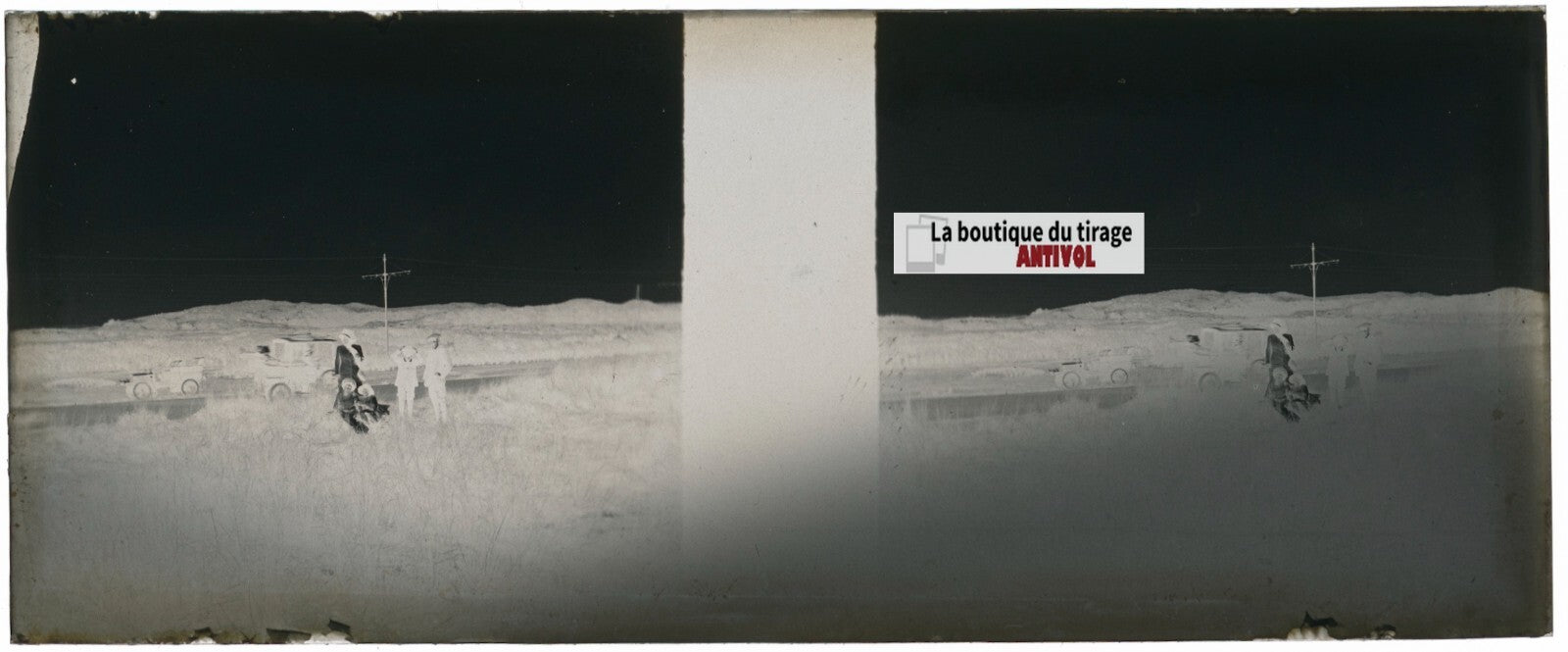 Famille, voiture, Plaque verre stéréoscopie, négatif noir & blanc 4,5x10,7 cm