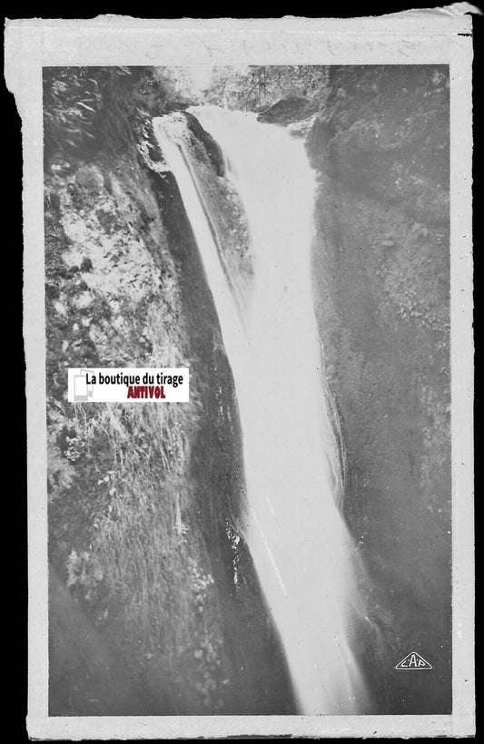 Plaque verre photo négatif noir & blanc 9x14 cm, Cascade du Plat à Barbe, eau