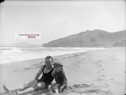Bain de mer, Oran, Algérie, plaque verre, photo ancienne, négatif 9x12 cm