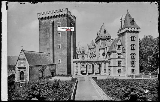 Plaque verre photo vintage, négatif noir & blanc 9x14 cm, façade château Pau