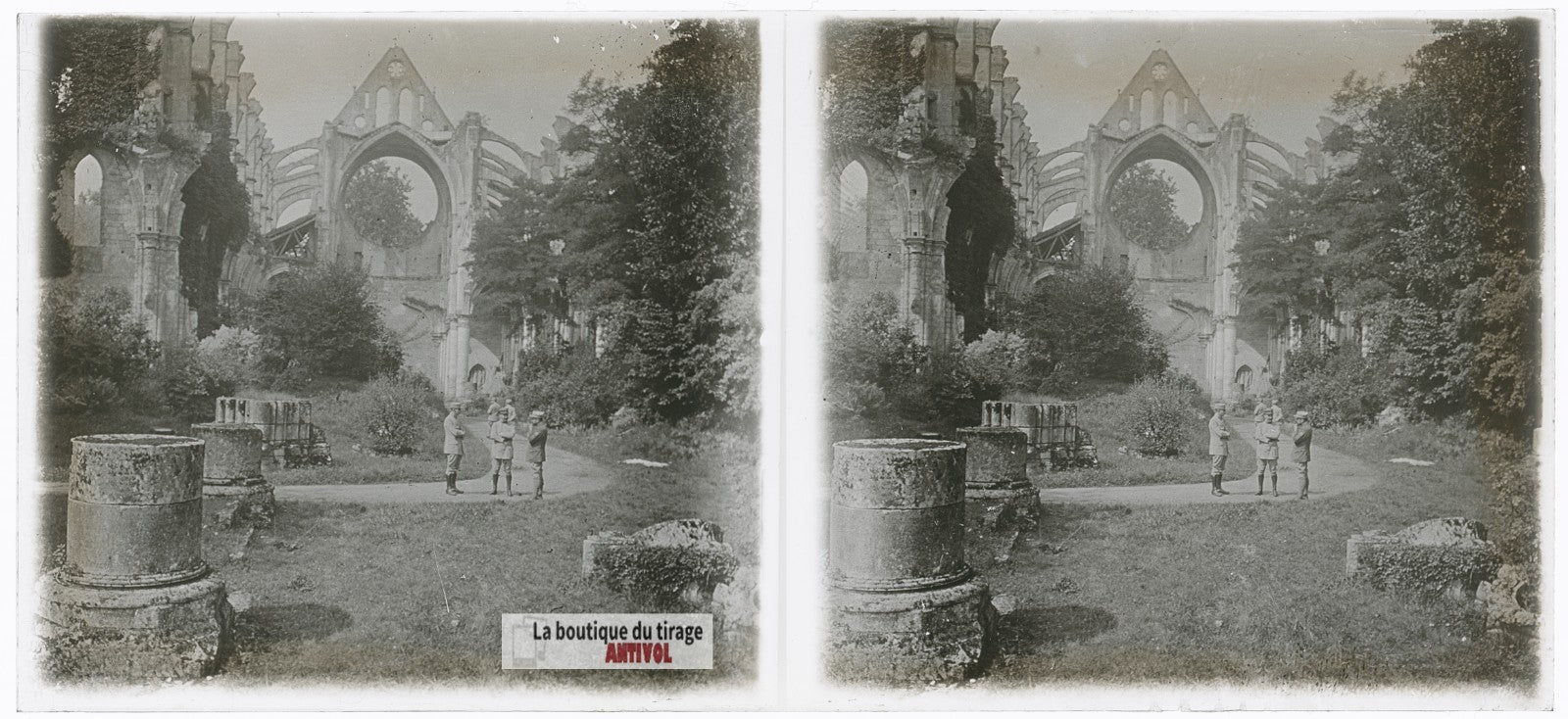 Abbaye de Longpont, guerre WW1, plaque verre photo ancienne stéréo 6x13 cm