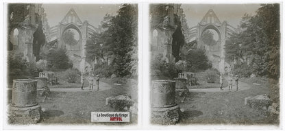 Abbaye de Longpont, guerre WW1, plaque verre photo ancienne stéréo 6x13 cm