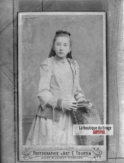 Portrait d'une jeune fille, robe, plaque verre photo ancienne, négatif 9x12 cm
