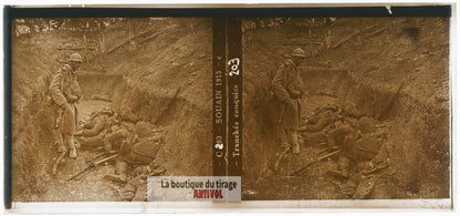 Souain 1915, tranchée, guerre WW1, plaque verre photo ancienne stéréo 6x13 cm