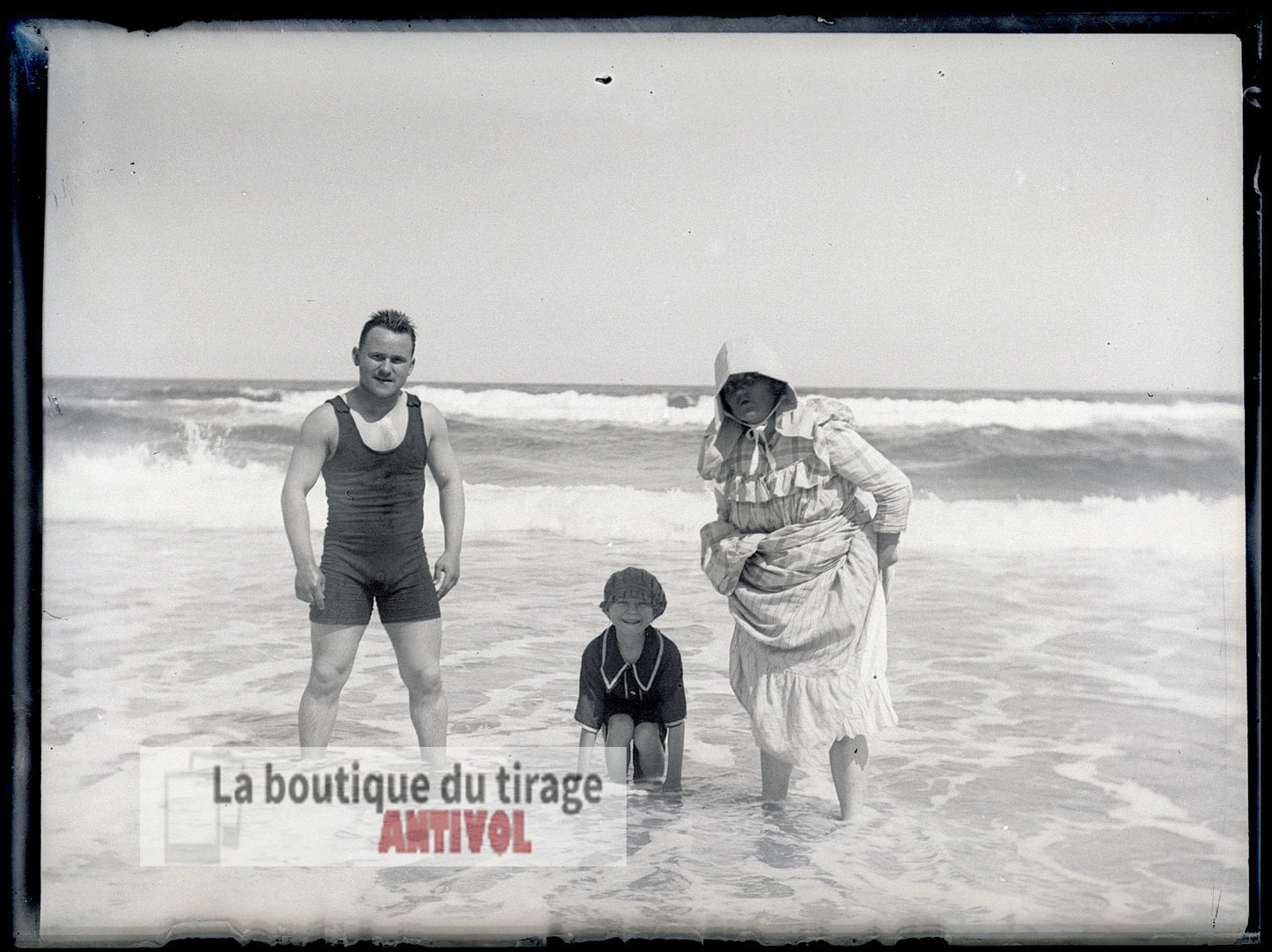 Baignade mer, Oran, Algérie, plaque verre, photo ancienne, négatif 9x12 cm
