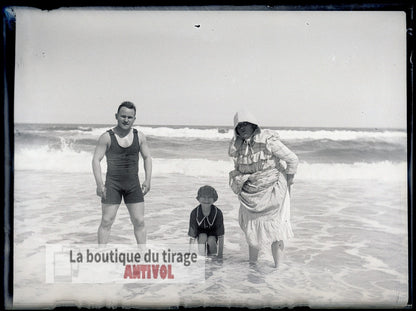 Baignade mer, Oran, Algérie, plaque verre, photo ancienne, négatif 9x12 cm