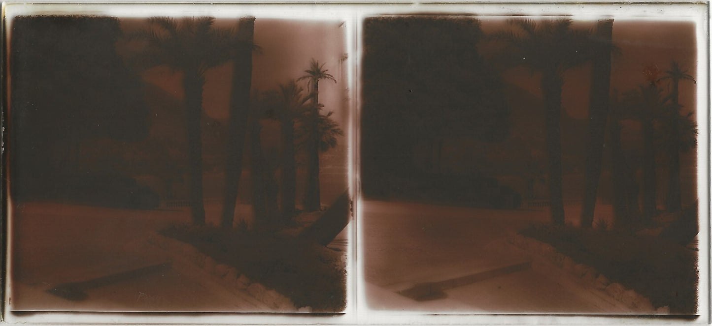 Côte d'Azur, Plaque verre photo ancienne stéréo, positif noir & blanc 6x13 cm