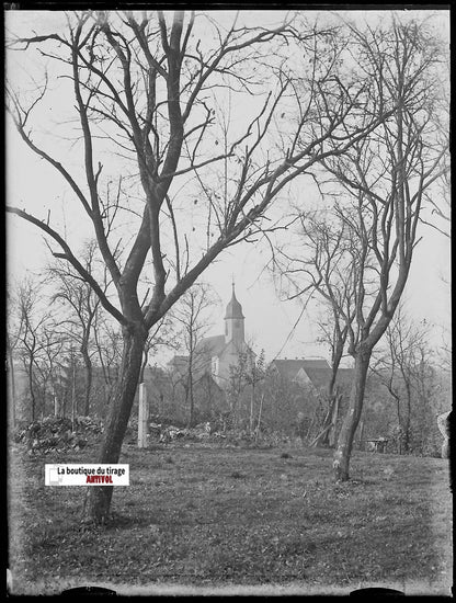 Village, Alsace, église, Plaque verre photo, négatif ancien noir & blanc 9x12 cm