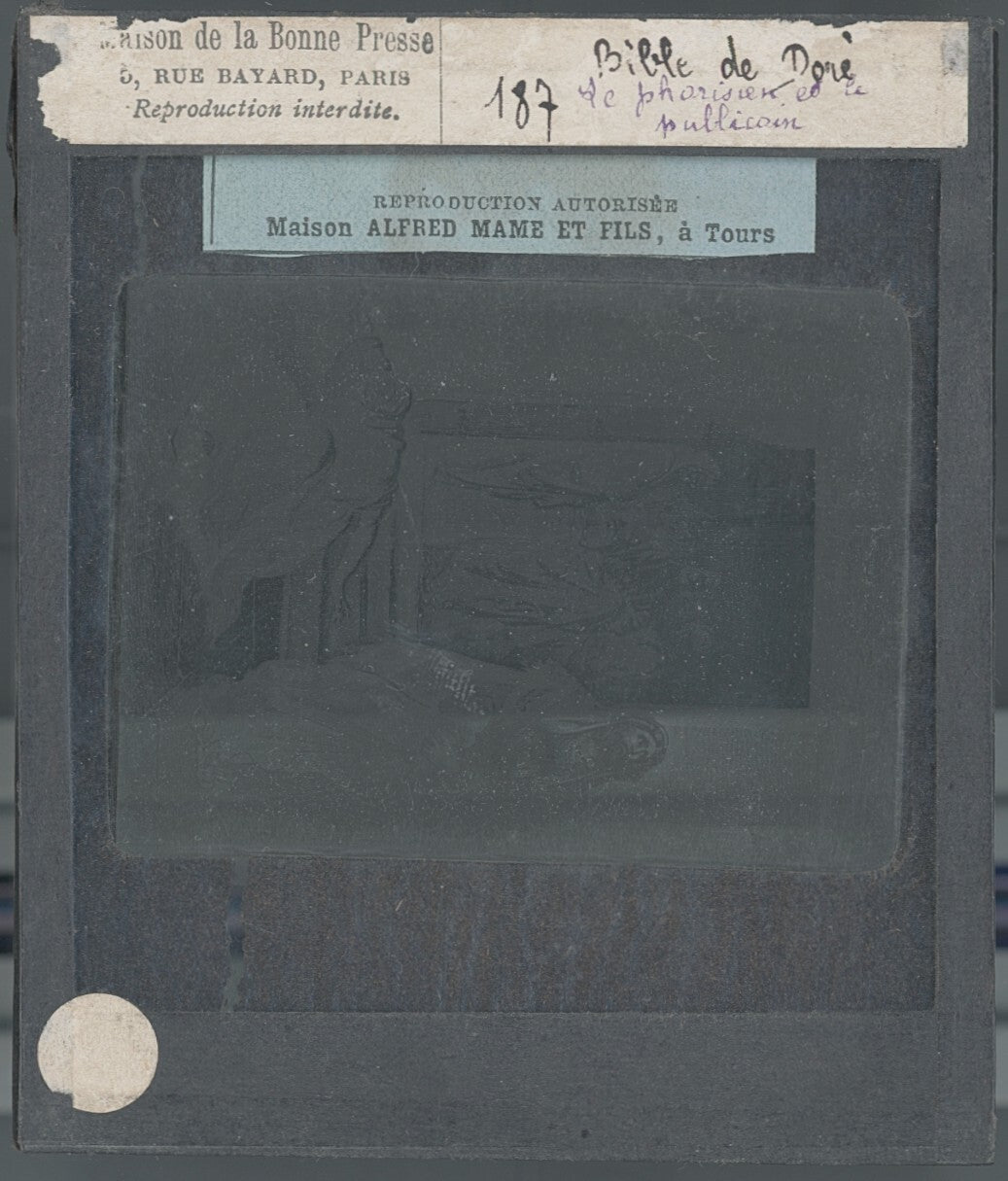 Pharisien et le publicain, Bible Doré, dessin, plaque verre, positif 8,5x10 cm