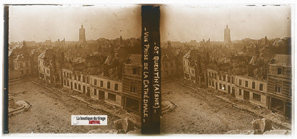 Saint-Quentin, WW1 bombes, plaque verre, photo ancienne stéréoscopie 6x13 cm