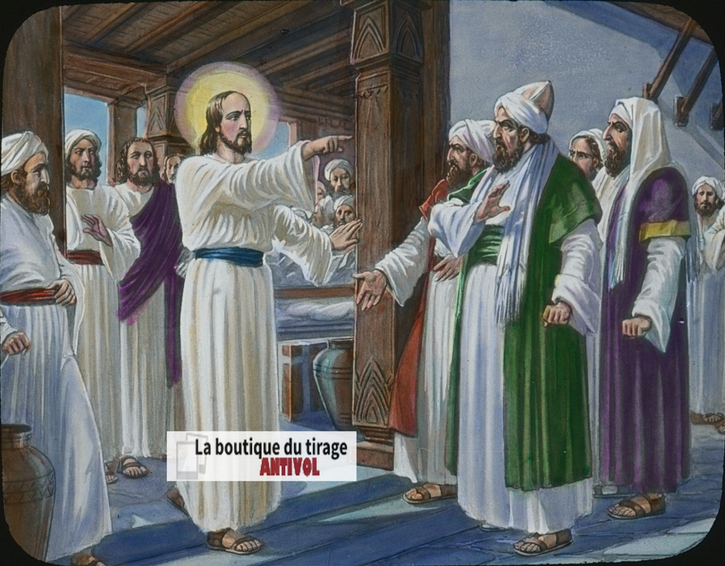 L'ablution des mains, dessin, plaque verre ancienne, couleur 8,5x10 cm