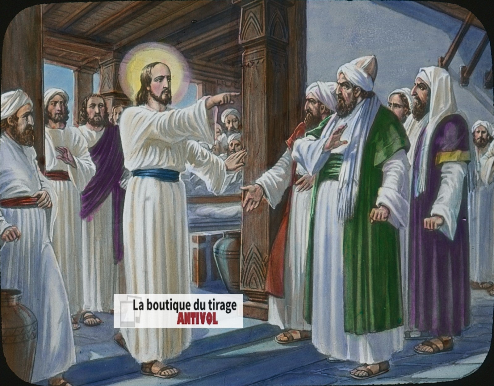 L'ablution des mains, dessin, plaque verre ancienne, couleur 8,5x10 cm