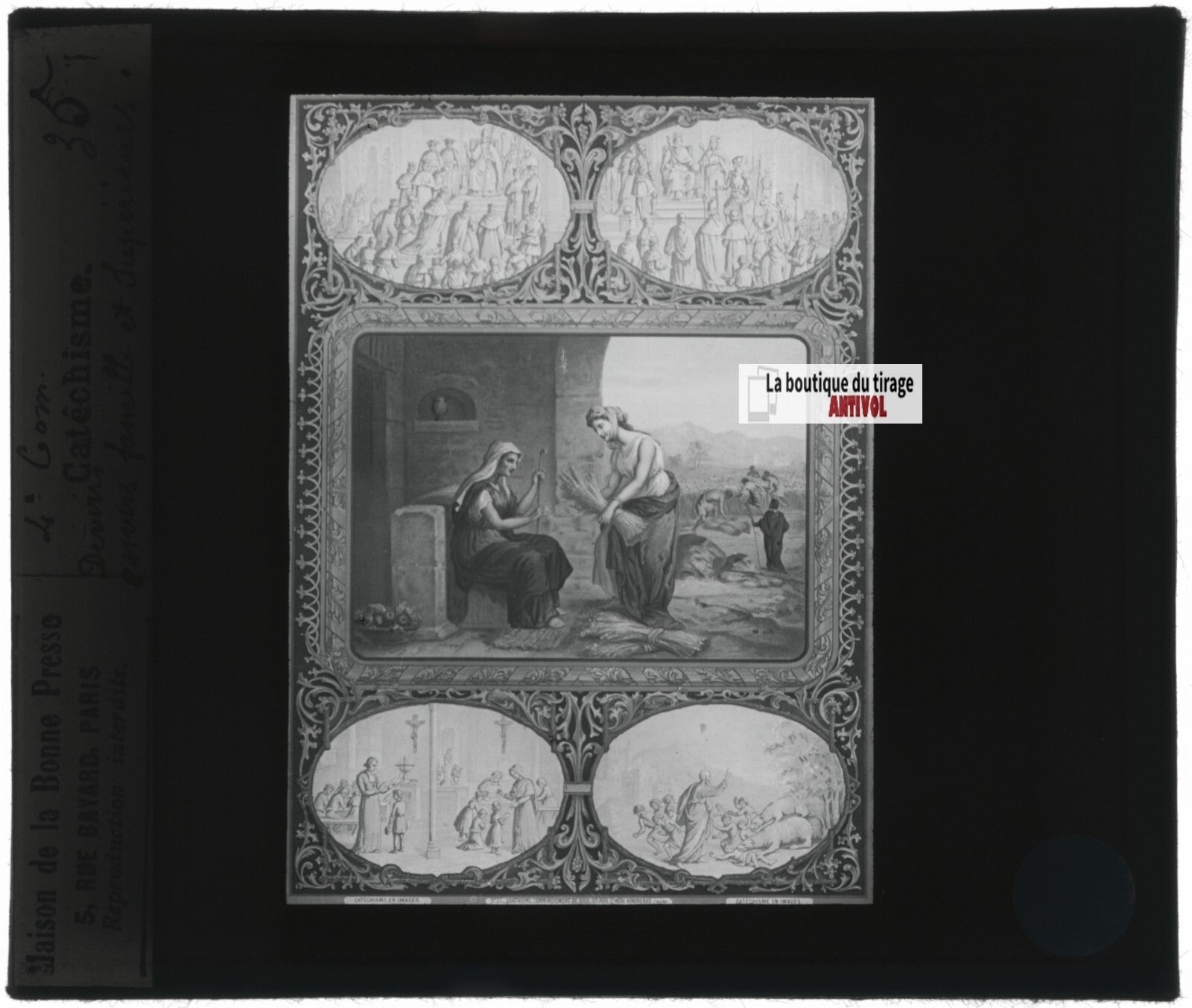 Scène religieuse, catéchisme, dessin peinture, plaque verre, positif 8,5x10 cm