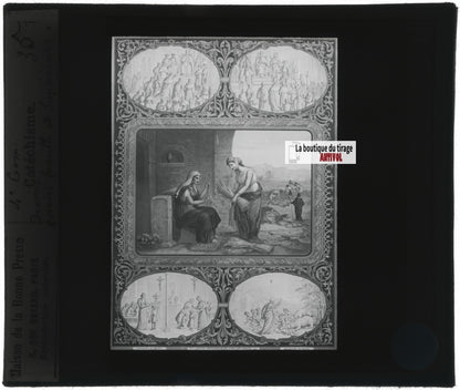 Scène religieuse, catéchisme, dessin peinture, plaque verre, positif 8,5x10 cm