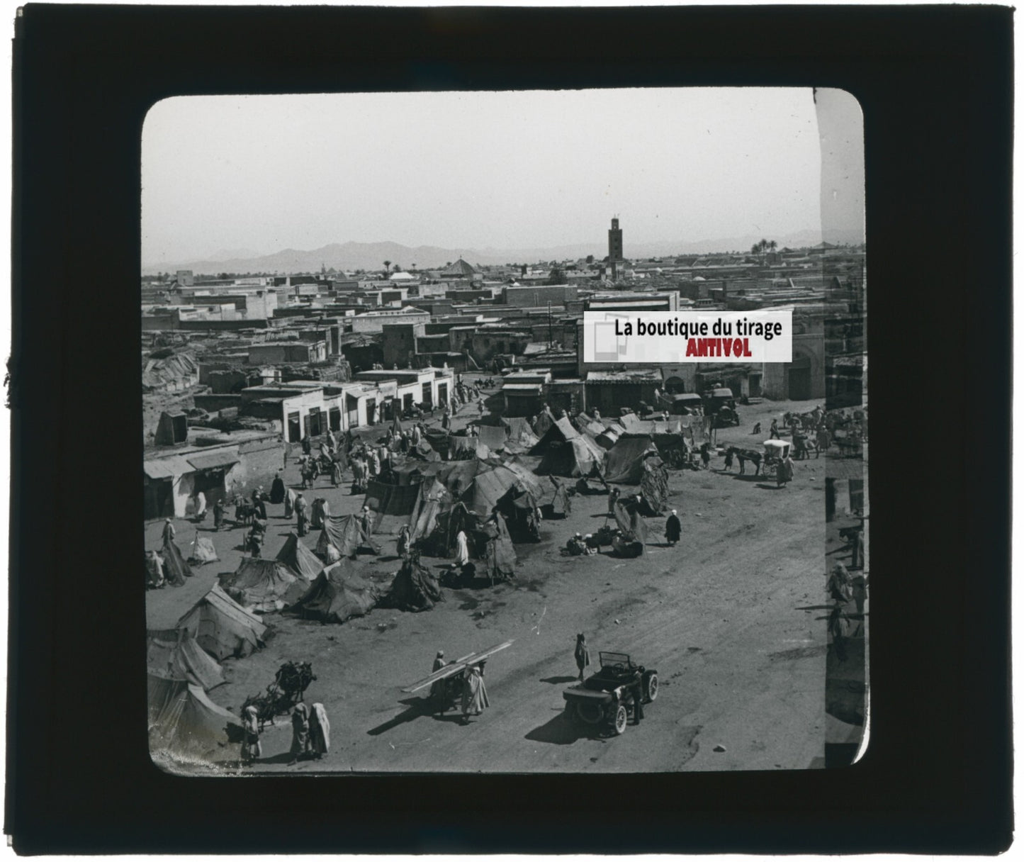 Place Jemaa el fna, Marrakech, photo ancienne plaque verre, positif 8,5x10 cm