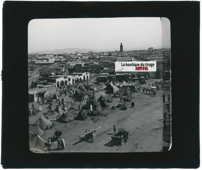 Place Jemaa el fna, Marrakech, photo ancienne plaque verre, positif 8,5x10 cm