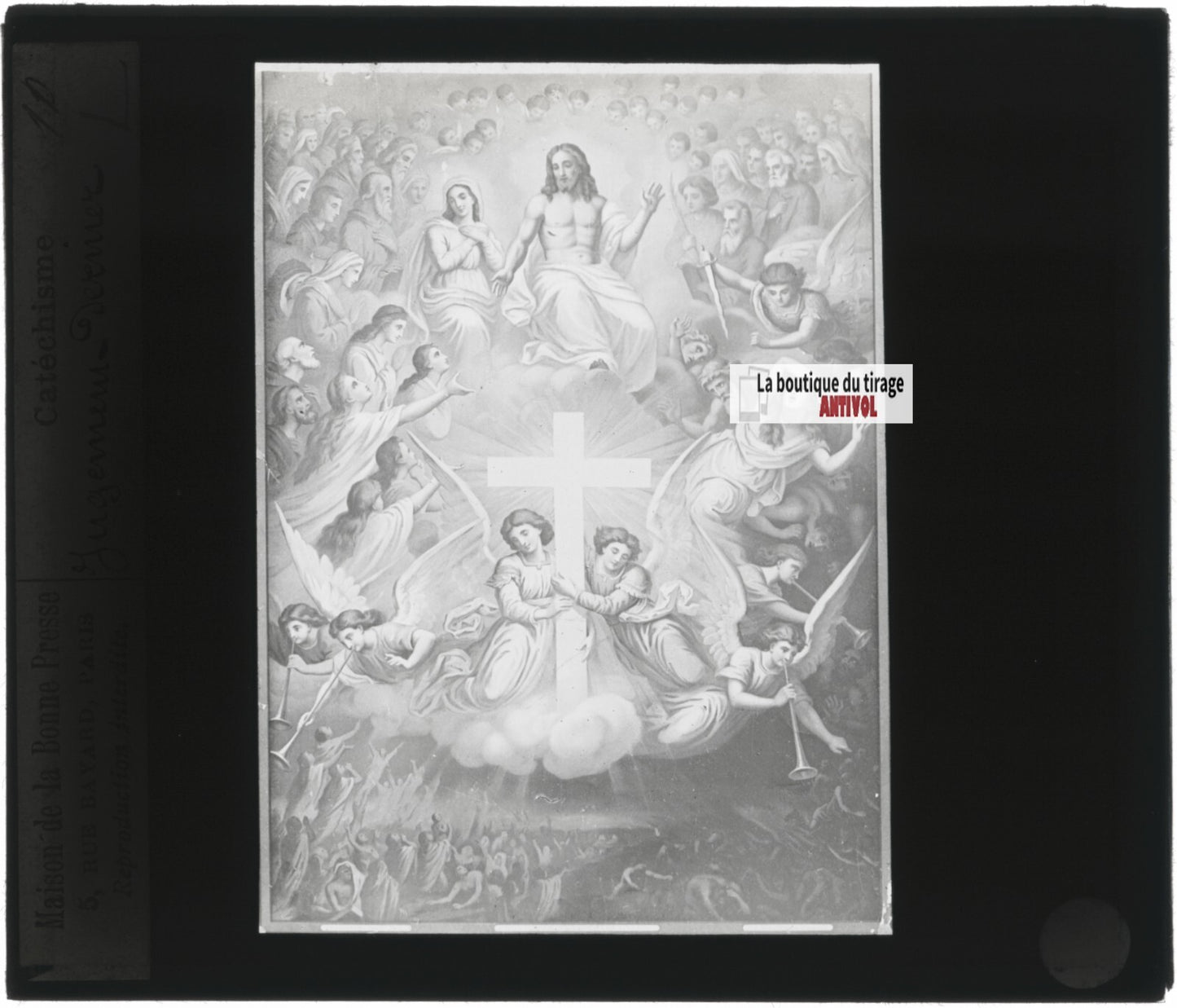 Scène religieuse, catéchisme, dessin peinture, plaque verre, positif 8,5x10 cm