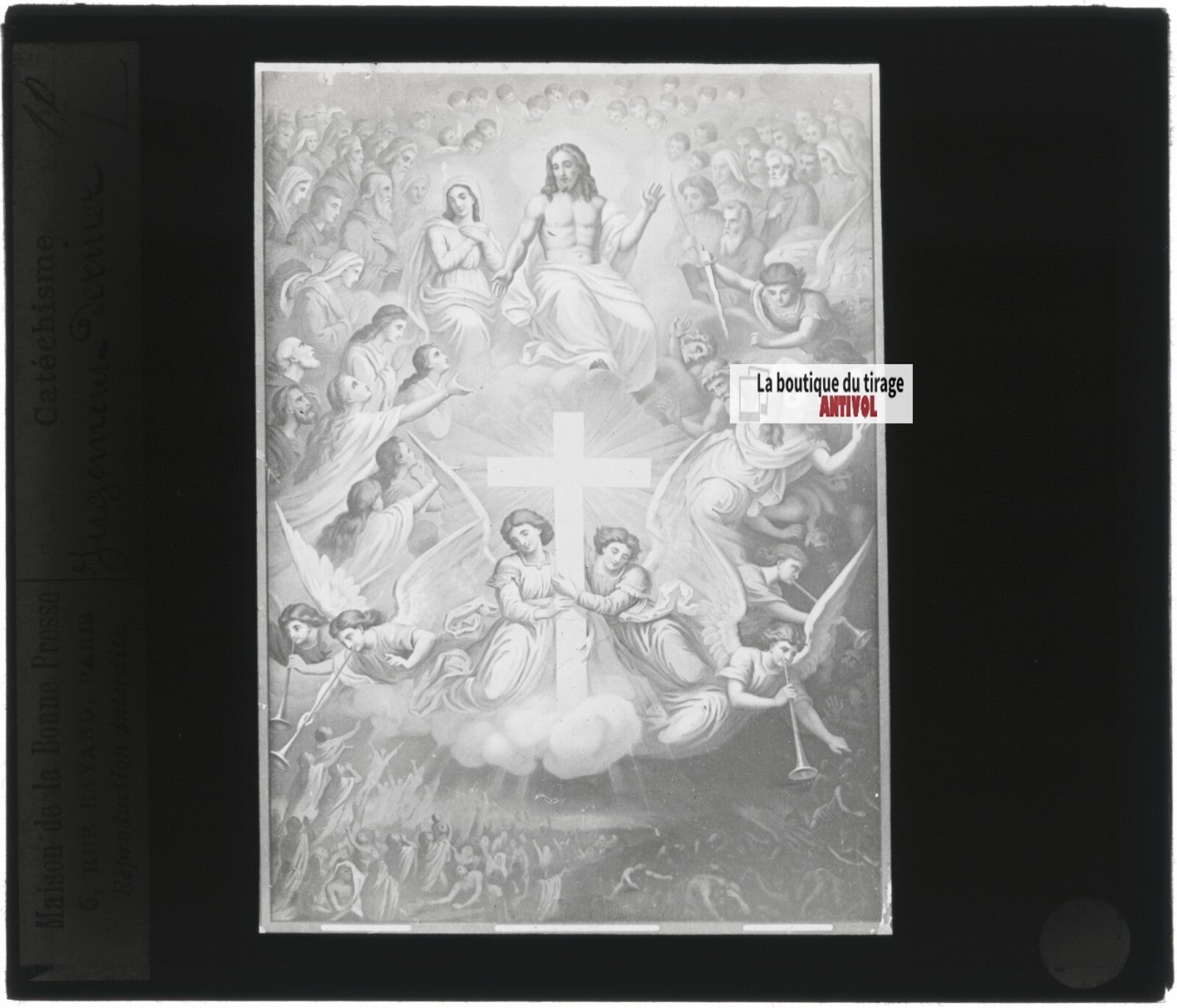 Scène religieuse, catéchisme, dessin peinture, plaque verre, positif 8,5x10 cm