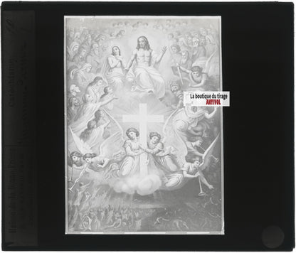 Scène religieuse, catéchisme, dessin peinture, plaque verre, positif 8,5x10 cm