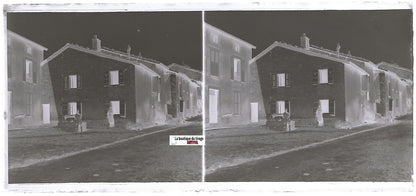 Village, France, Plaque verre photo stéréoscopique, négatif noir & blanc 6x13 cm