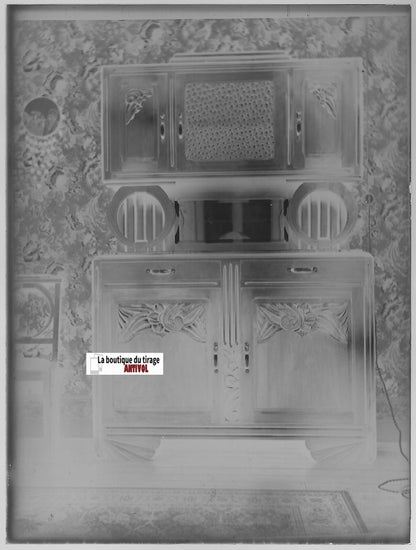 Meuble, maison, Plaque verre photo ancienne, négatif noir & blanc 9x12 cm