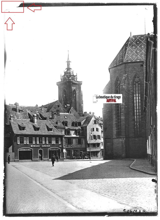 Plaque verre photo ancienne positif noir et blanc 13x18 cm Colmar centre-ville