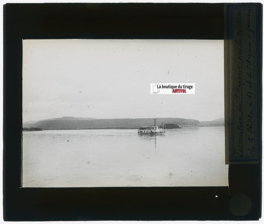 Bateau, rivière, Russie, photo plaque verre, noir & blanc, positif 8,5x10 cm