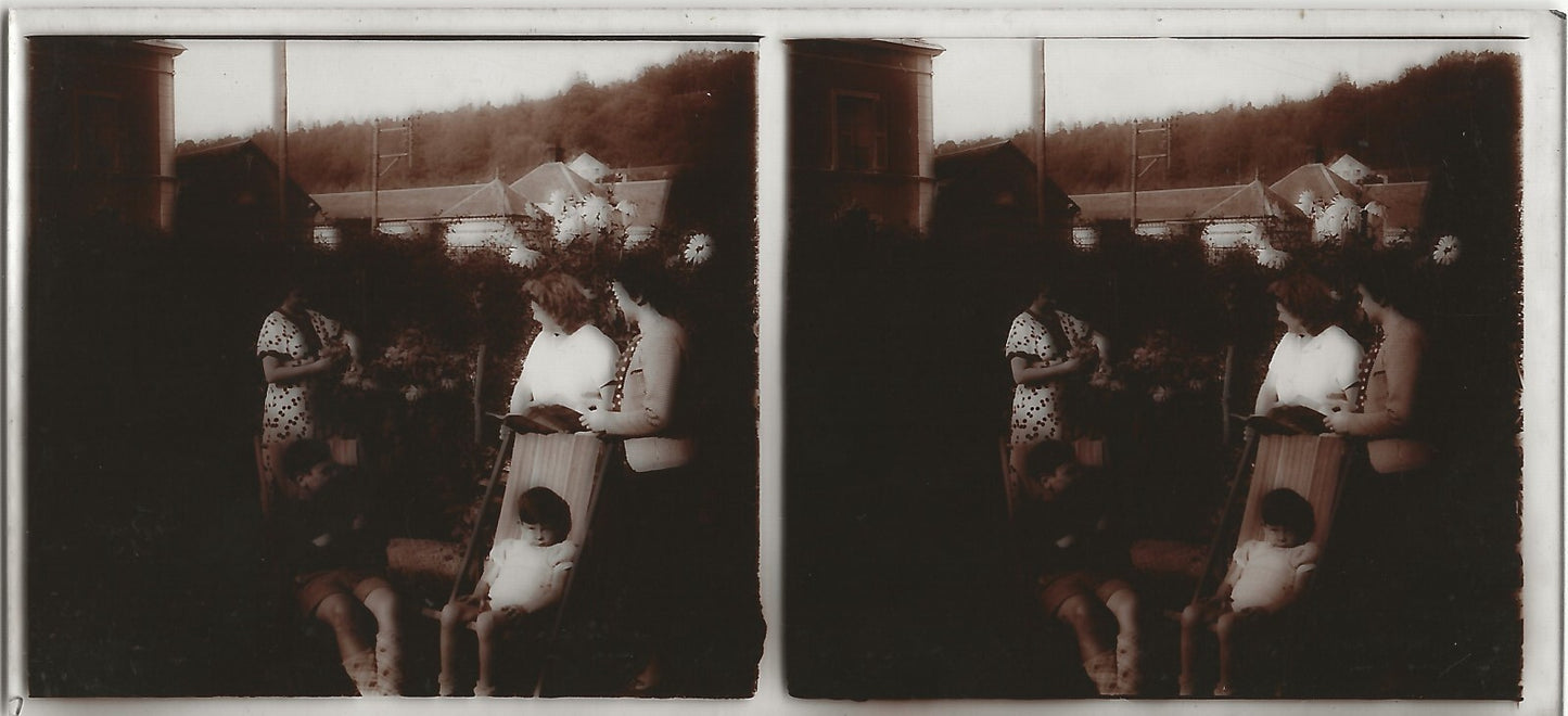 Famille, France, Plaque verre photo stéréo, positif noir & blanc 6x13 cm