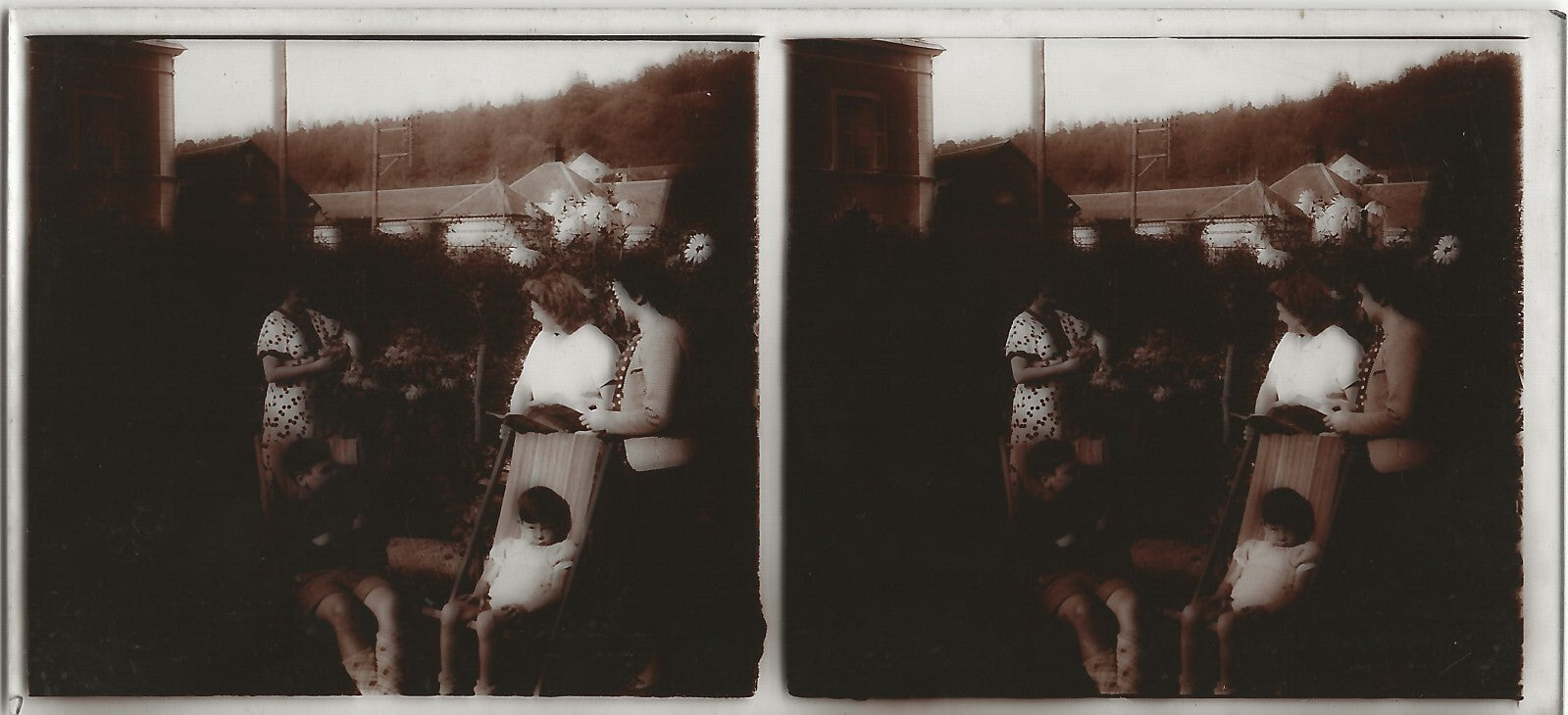 Famille, France, Plaque verre photo stéréo, positif noir & blanc 6x13 cm