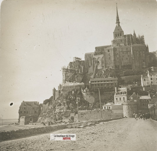 Mont-Saint-Michel, digue, plaque verre stéréo, photo ancienne 4,5x10,7 cm