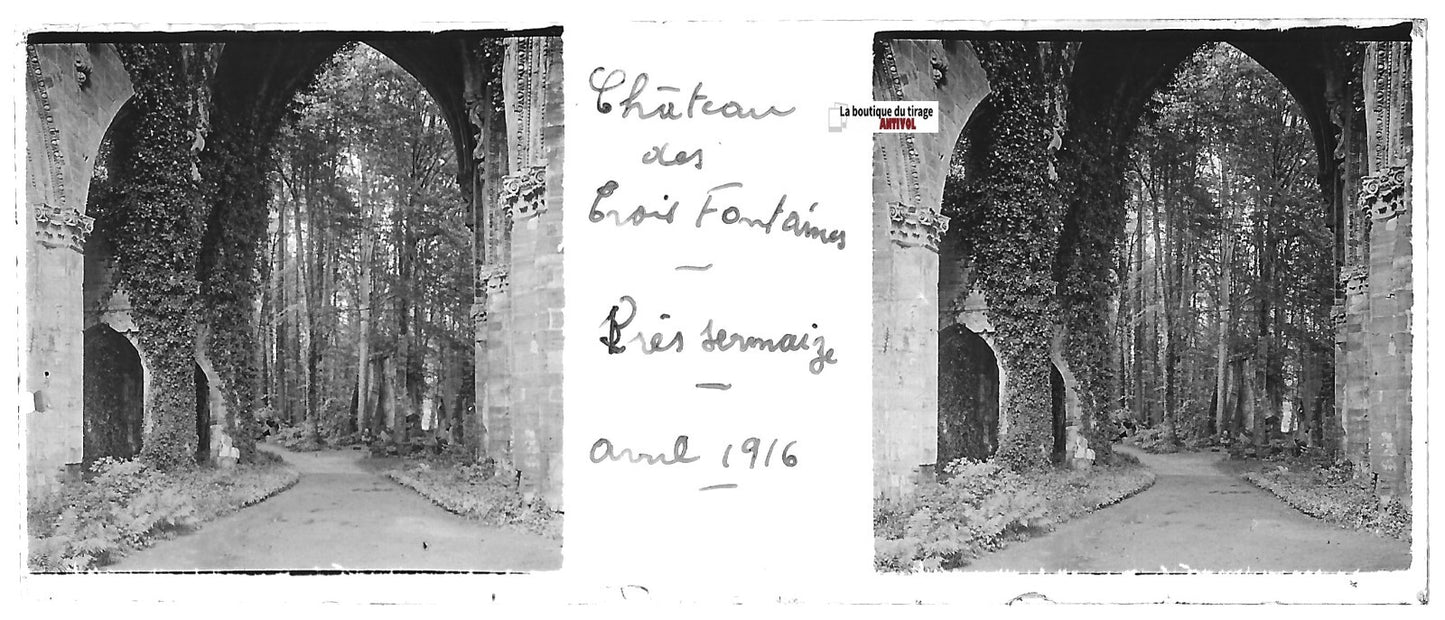 Château Sermaize, Plaque verre photo stéréo, positif noir & blanc 4,5x10,7 cm