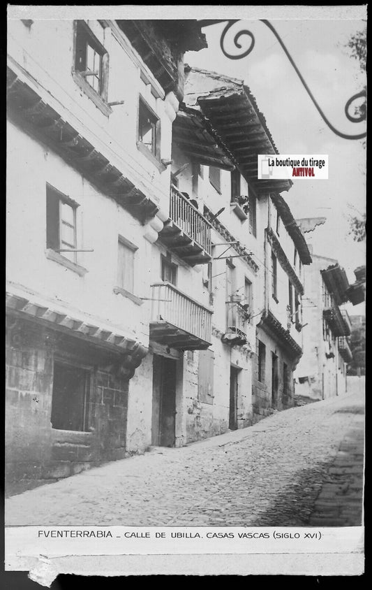 Plaque verre photo vintage négatif noir & blanc 9x14 cm Fuenterrabia, ruelle