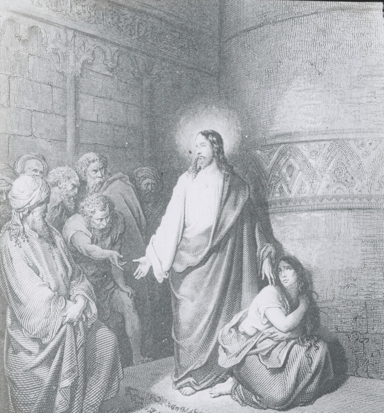 Jésus, femme adultère, Bible de Doré, dessin, plaque verre, positif 8,5x10 cm