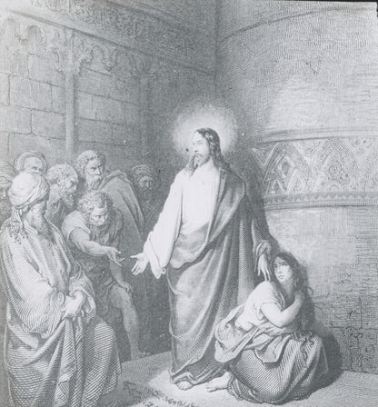 Jésus, femme adultère, Bible de Doré, dessin, plaque verre, positif 8,5x10 cm