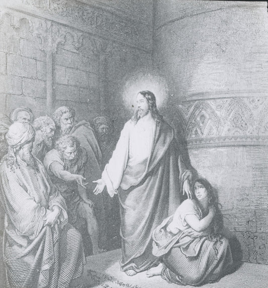 Jésus, femme adultère, Bible de Doré, dessin, plaque verre, positif 8,5x10 cm