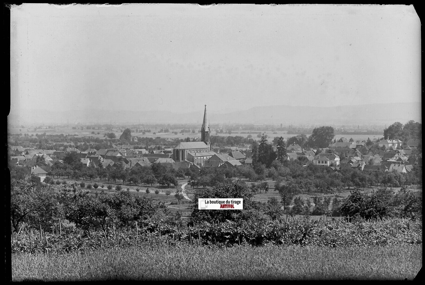 Alsace, église à situer, Plaque verre photo, négatif noir & blanc 10x15 cm