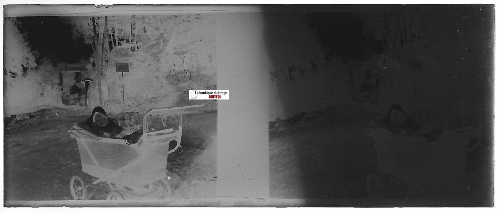 Forêt, bébé, Plaque verre photo stéréoscopique, négatif noir & blanc 4,5x10,7 cm