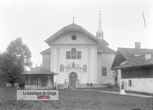 Eglise Saint-Nicolas de Véroce, plaque verre, photo ancienne, négatif 9x12 cm
