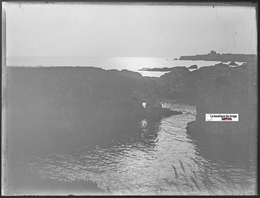 Océan, paysage France, Plaque verre photo ancienne, négatif noir & blanc 9x12 cm