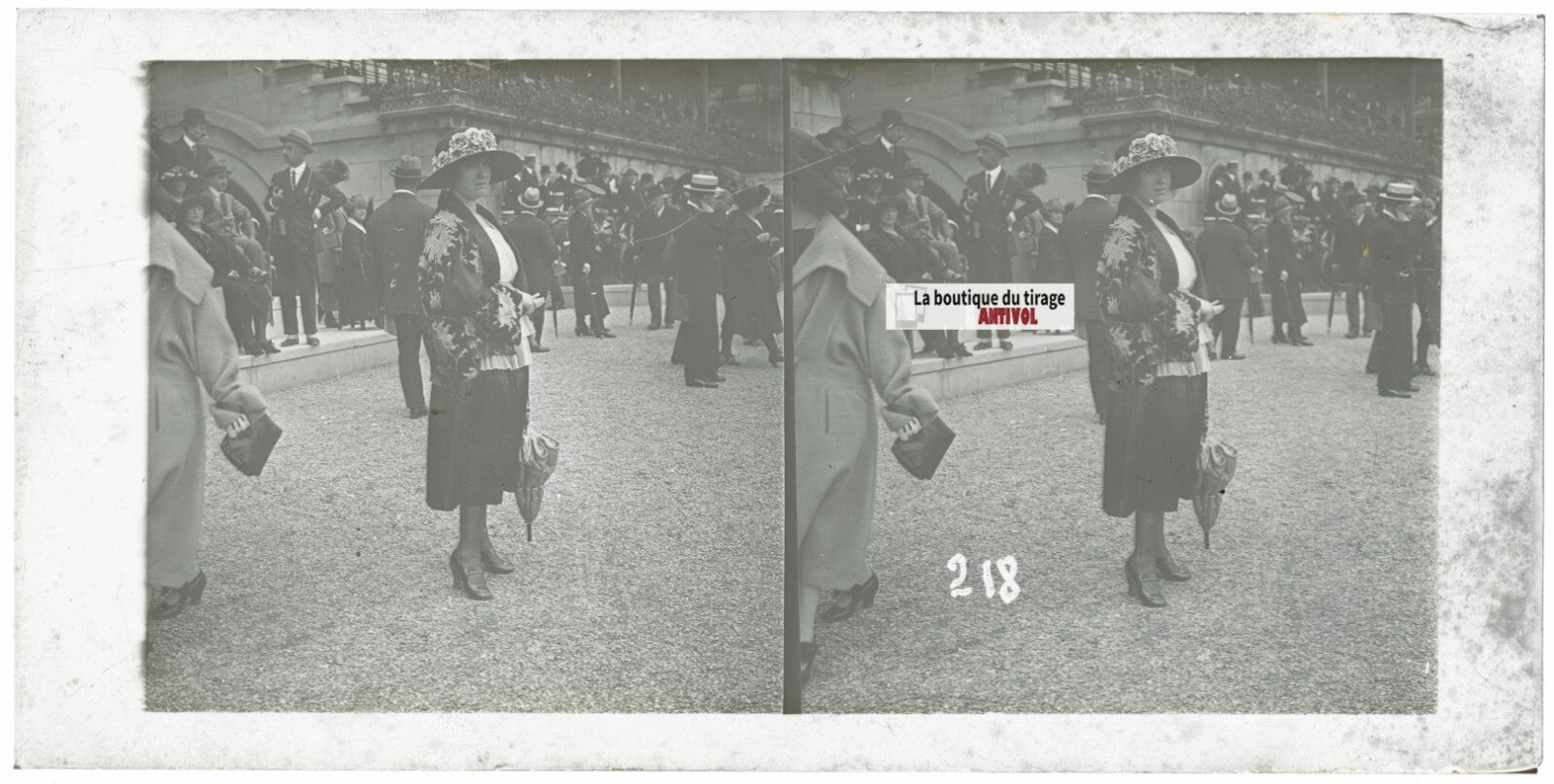 Personnages, Longchamp, Paris, plaque verre stéréoscopique, positif 8,5x17 cm