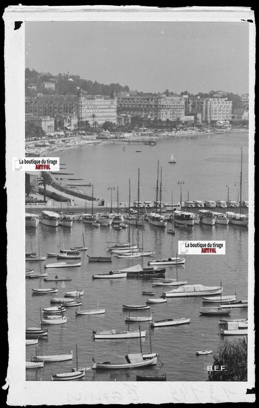 Plaque verre photo ancienne négatif noir & blanc 9x14 cm, Cannes, le Port