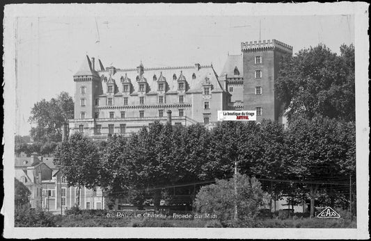 Plaque verre photo vintage, négatif noir & blanc 9x14 cm, façade château Pau