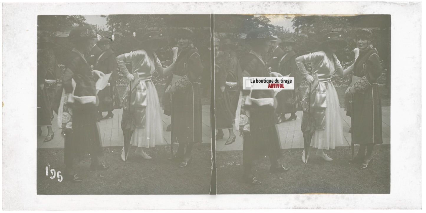 Scène de vie, Longchamp, Paris, plaque verre stéréoscopique, positif 8,5x17 cm